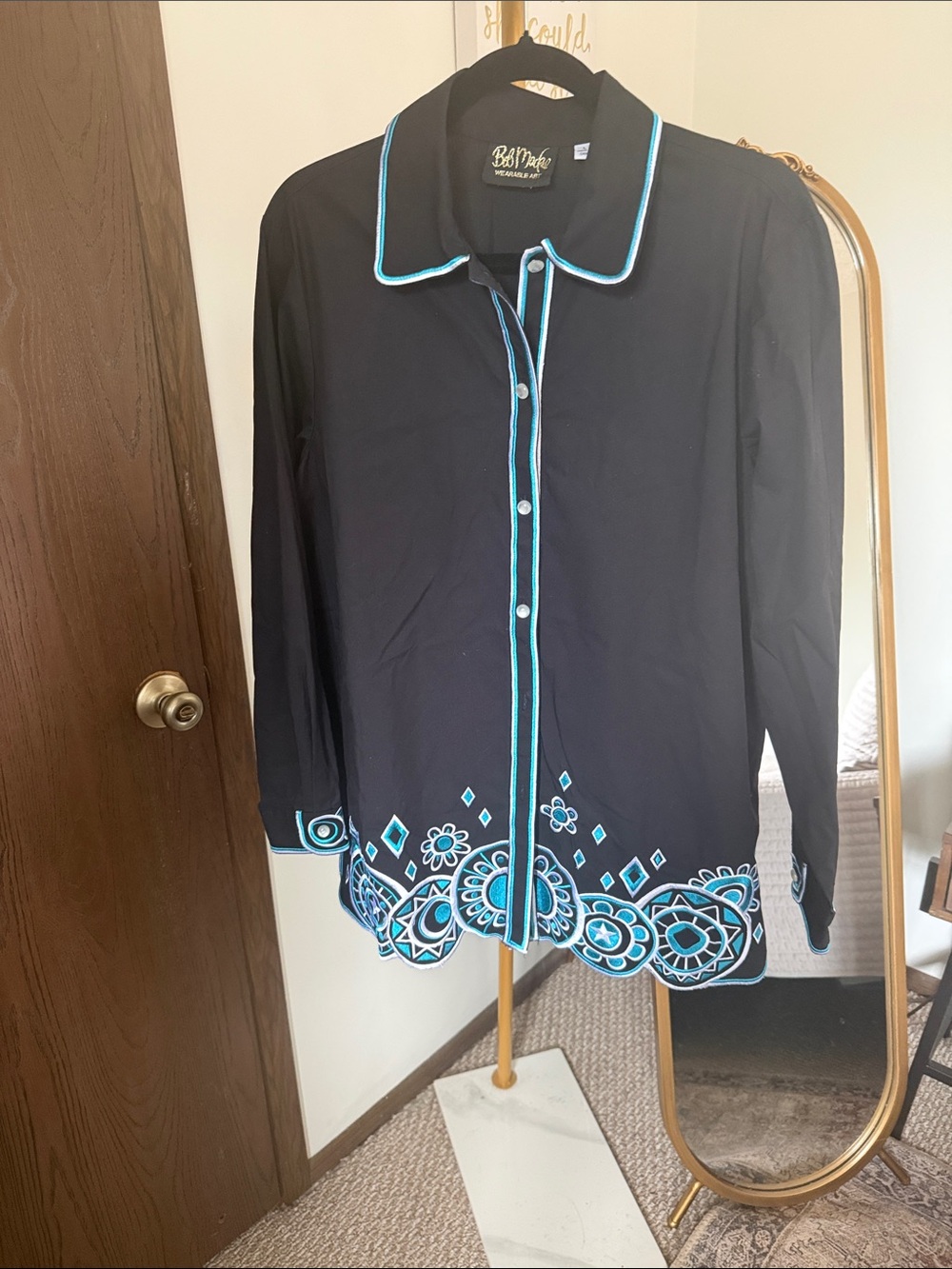 Bob Mackie Black Button-Front Shirt with Blue and White Embroidered Hem